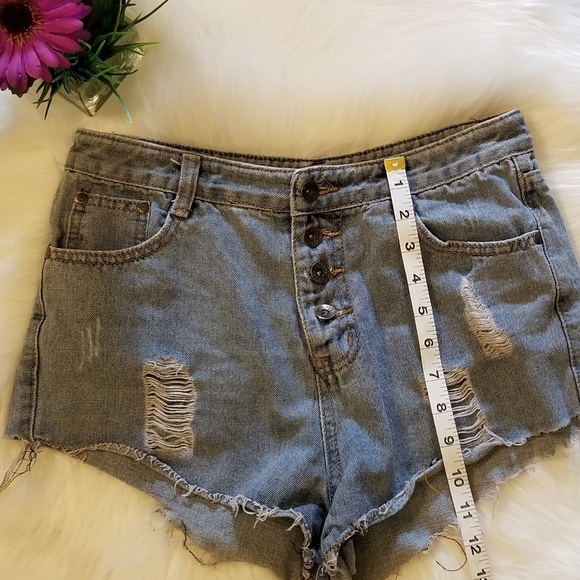 Jean Denim Button Distressed High Waist Rise Short - Picture 5 of 7